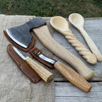 3-Piece Spoon Carving Tool Set, Hand-Forged Carbon Steel, Ash Handles, Leather Sheath