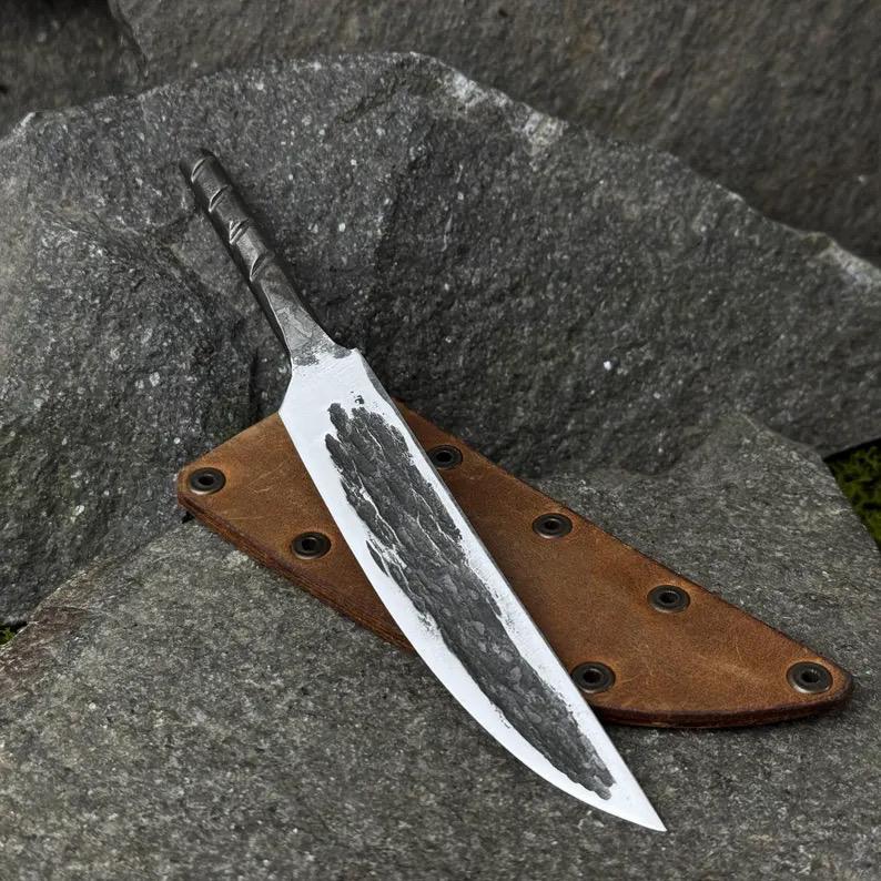 Forged Yakut Knife Blade with Leather Case. Knife for Bushcraft, Camping, Outdoor Carving, and DIY Handle Installation. Carbon Steel Blade