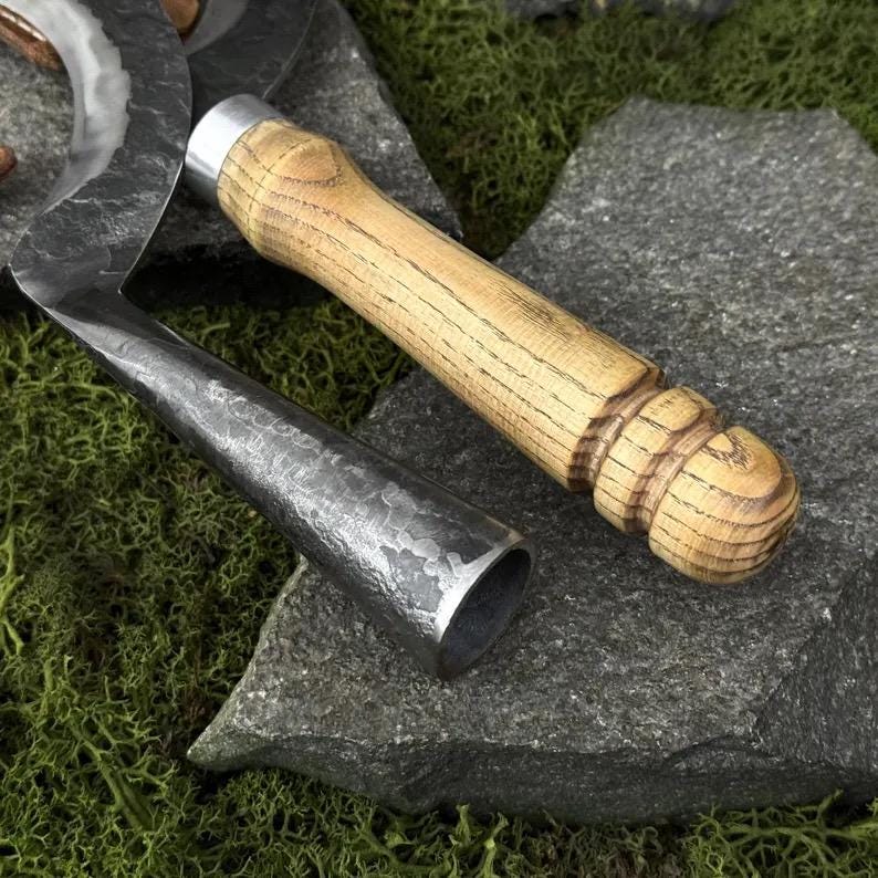 Hand Forged Small Sickles, Carbon Steel 52100 Blade, Ash or Steel Handle, Leather Sheath