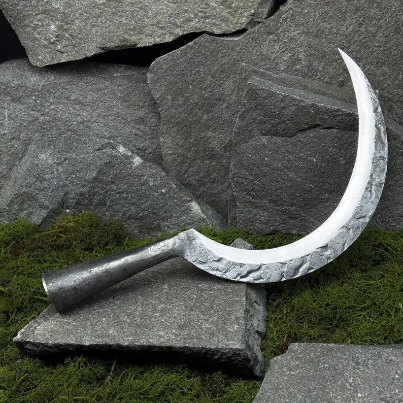Outdoor Garden Sickle with Leather Case. Big Sickle for Trimming Shrubs, Clearing Overgrowth. Hand Forged Tool. Blade Carbon Steel 52100.