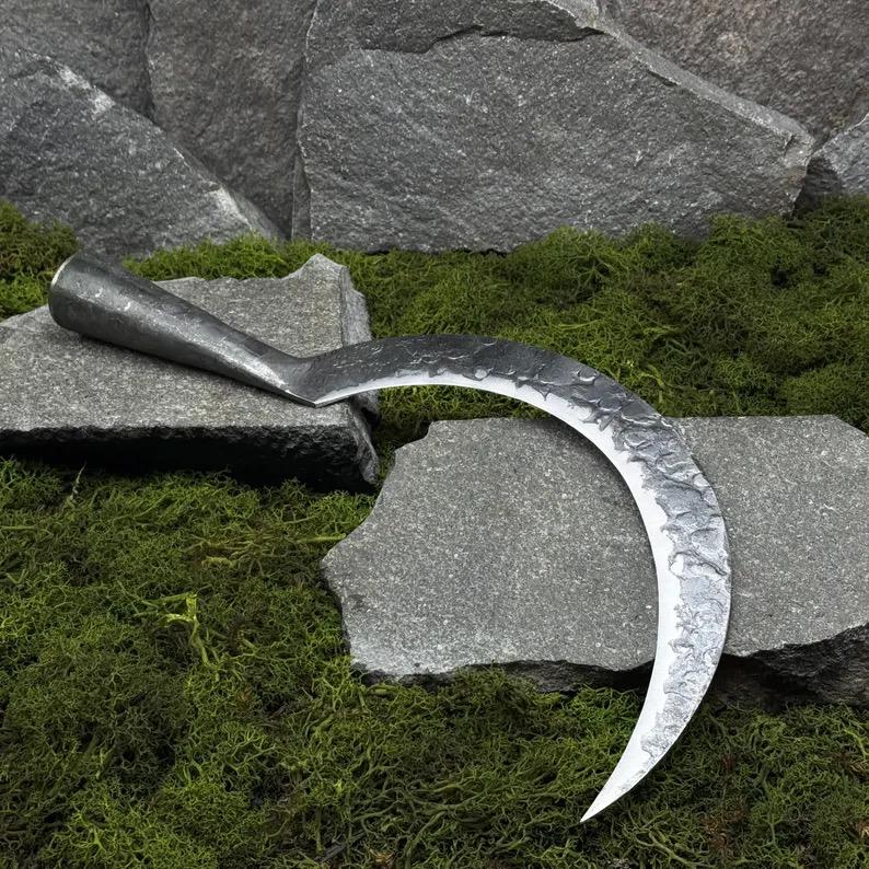 Outdoor Garden Sickle with Leather Case. Big Sickle for Trimming Shrubs, Clearing Overgrowth. Hand Forged Tool. Blade Carbon Steel 52100.