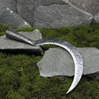 Outdoor Garden Sickle with Leather Case. Big Sickle for Trimming Shrubs, Clearing Overgrowth. Hand Forged Tool. Blade Carbon Steel 52100.
