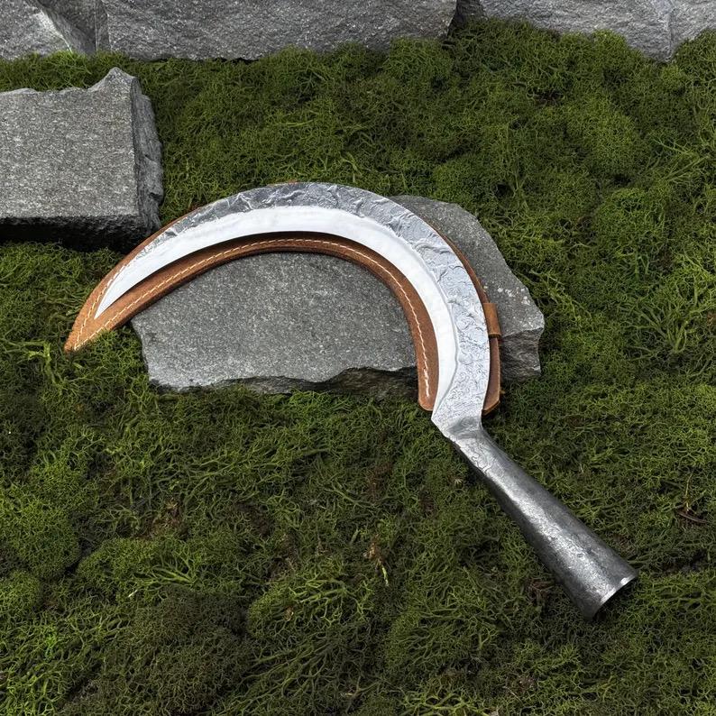 Outdoor Garden Sickle with Leather Case. Big Sickle for Trimming Shrubs, Clearing Overgrowth. Hand Forged Tool. Blade Carbon Steel 52100.