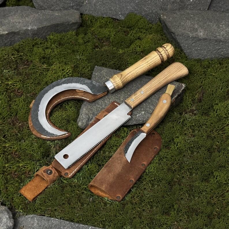Hand Forged Garden Tool Set, Carbon Steel 52100, Ash Handle, Leather Sheaths