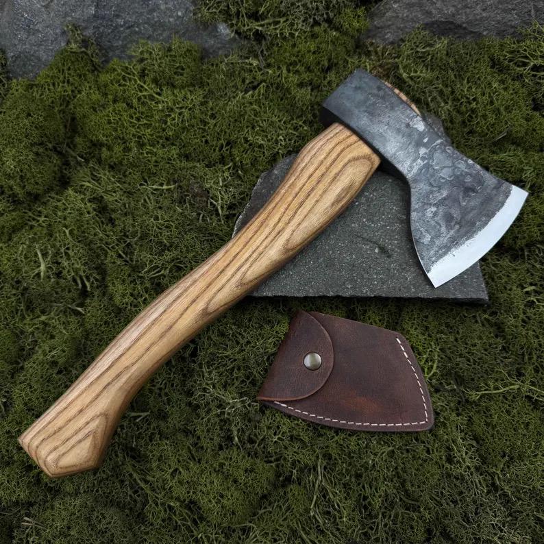 Hand Forged Carving Axes, Carbon Steel 52100 Blades, Ash Handles, Leather Sheath