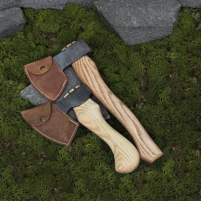 Hand Forged Carving Axes, Carbon Steel 52100 Blades, Ash Handles, Leather Sheath
