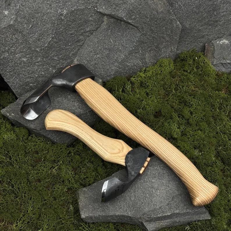 Hand Forged Wood Carving Adze, Carbon Steel 52100 Blades, Ash Handles, Two Sizes