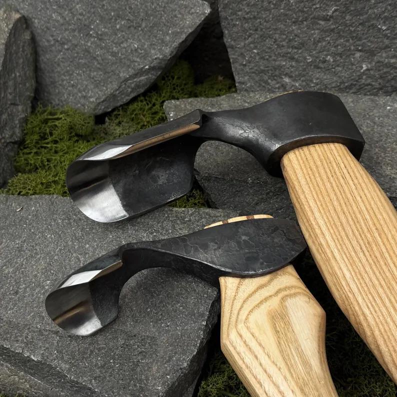 Hand Forged Wood Carving Adze, Carbon Steel 52100 Blades, Ash Handles, Two Sizes