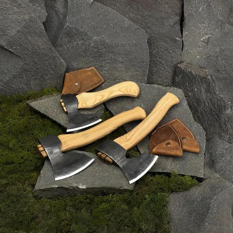 Hand Forged Carving Hatchet, Carbon Steel 52100 Blades, Ash Handles, Leather Sheaths