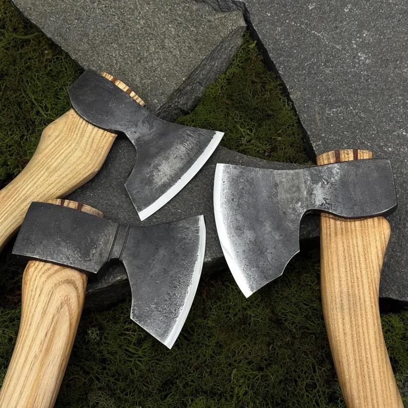 Hand Forged Carving Hatchet, Carbon Steel 52100 Blades, Ash Handles, Leather Sheaths