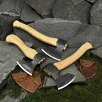 Hand Forged Carving Hatchet, Carbon Steel 52100 Blades, Ash Handles, Leather Sheaths