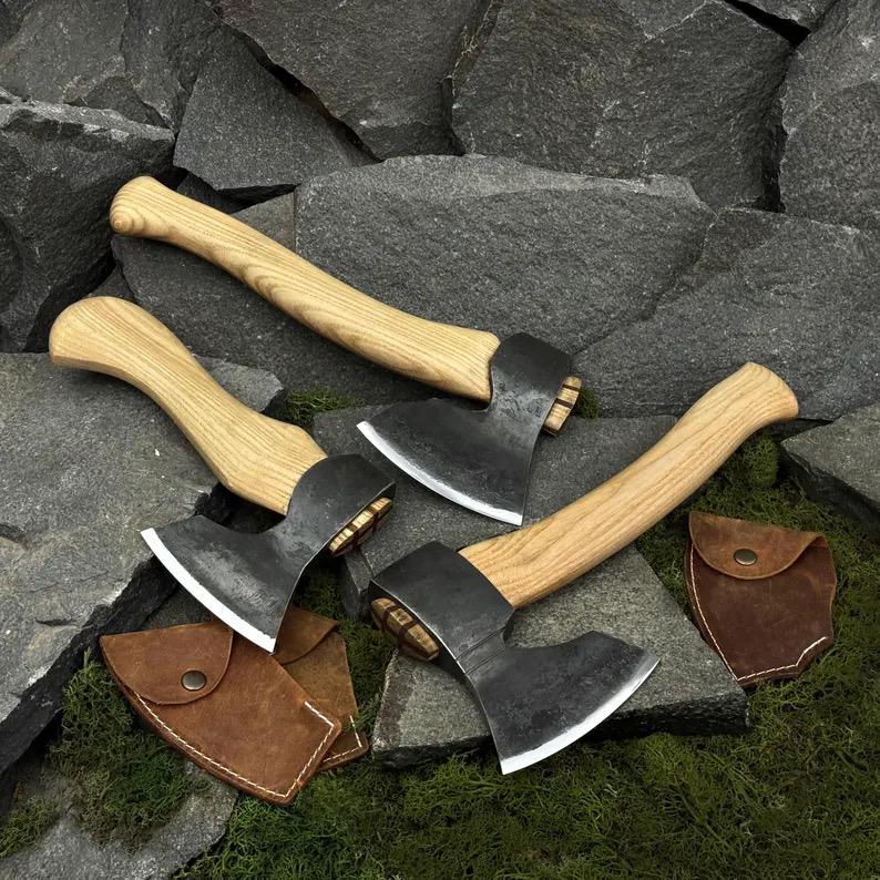 Hand Forged Carving Hatchet, Carbon Steel 52100 Blades, Ash Handles, Leather Sheaths