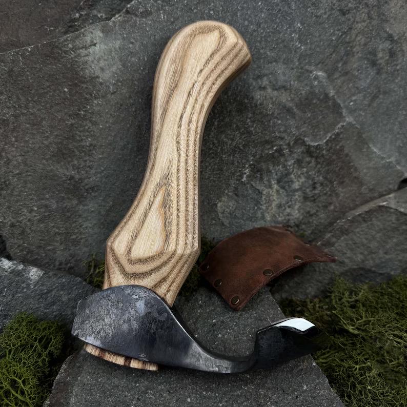 Hand Forged Carving Adze, 52100 Carbon Steel Blade, Ash Wood Handle, Leather Sheath