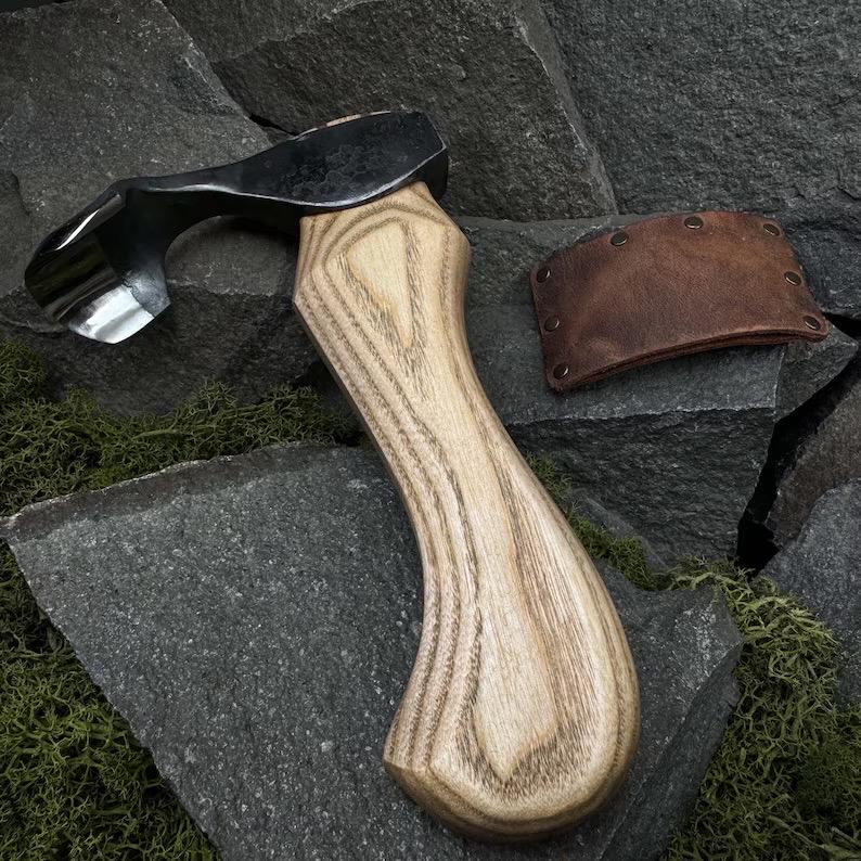 Hand Forged Carving Adze, 52100 Carbon Steel Blade, Ash Wood Handle, Leather Sheath