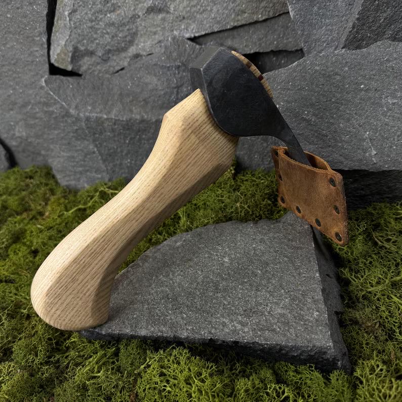Adze with Leather Case. Wood Carving Tool. Adze with Straight Blade. Universal Axe. Woodworking Adze. Hand Forged Tool. Carbon Steel 52100.