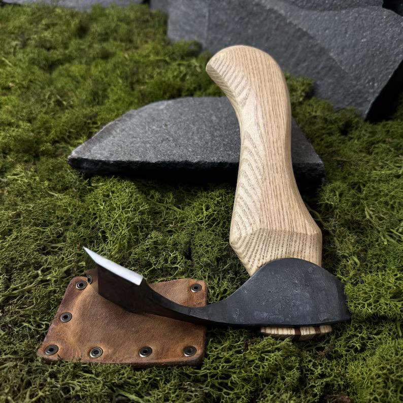 Adze with Leather Case. Wood Carving Tool. Adze with Straight Blade. Universal Axe. Woodworking Adze. Hand Forged Tool. Carbon Steel 52100.