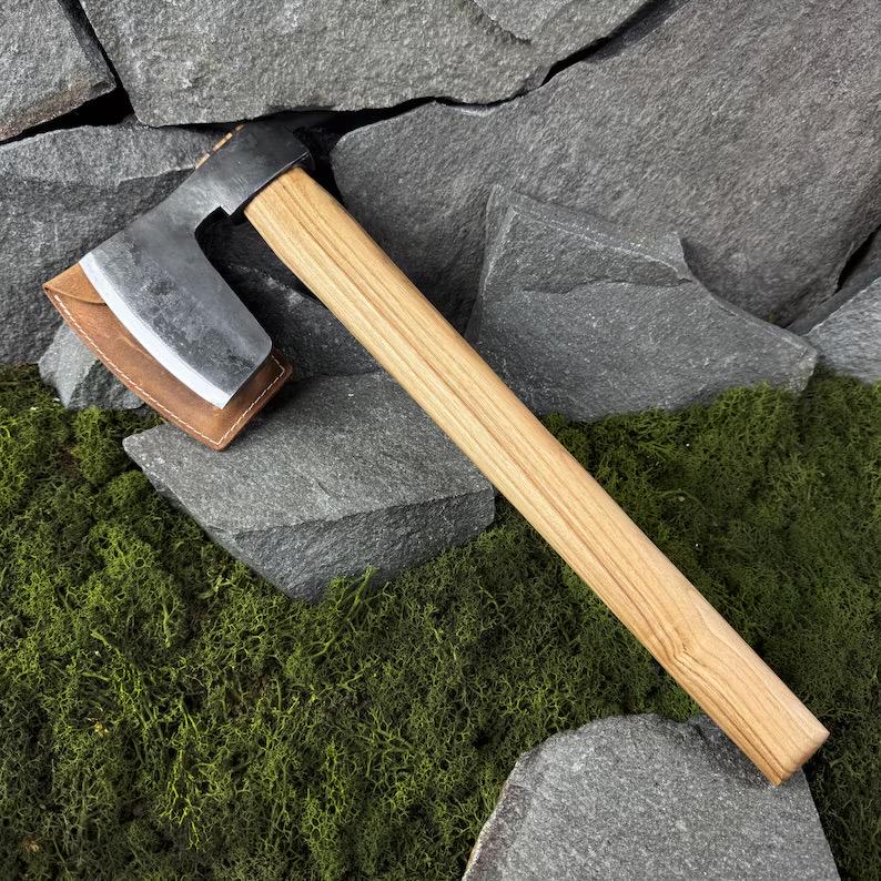 Hand-Forged Viking Axe with Leather Sheath. Ash Handle. Carbon Steel Blade. Outdoor Tool for Camping, Survival Tasks, Firewood Splitting.