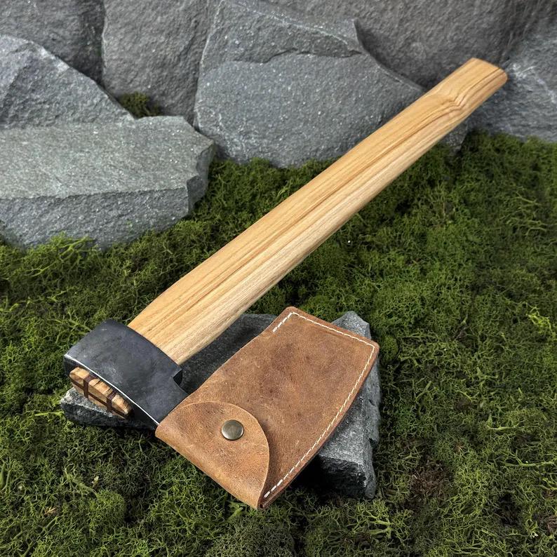 Hand-Forged Viking Axe with Leather Sheath. Ash Handle. Carbon Steel Blade. Outdoor Tool for Camping, Survival Tasks, Firewood Splitting.