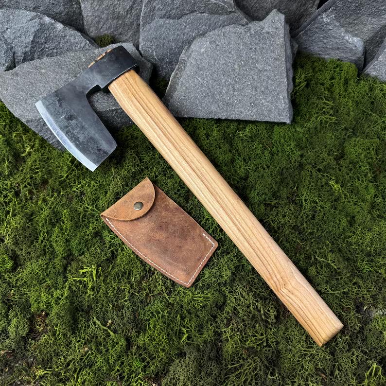 Hand-Forged Viking Axe with Leather Sheath. Ash Handle. Carbon Steel Blade. Outdoor Tool for Camping, Survival Tasks, Firewood Splitting.