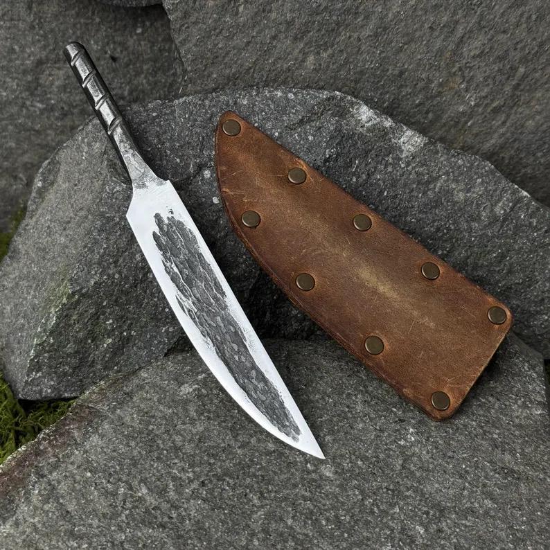 Forged Yakut Knife Blade with Leather Case. Knife for Bushcraft, Camping, Outdoor Carving, and DIY Handle Installation. Carbon Steel Blade