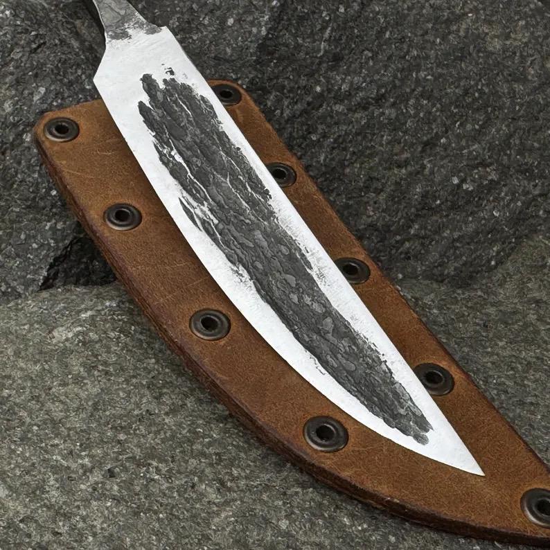 Forged Yakut Knife Blade with Leather Case. Knife for Bushcraft, Camping, Outdoor Carving, and DIY Handle Installation. Carbon Steel Blade
