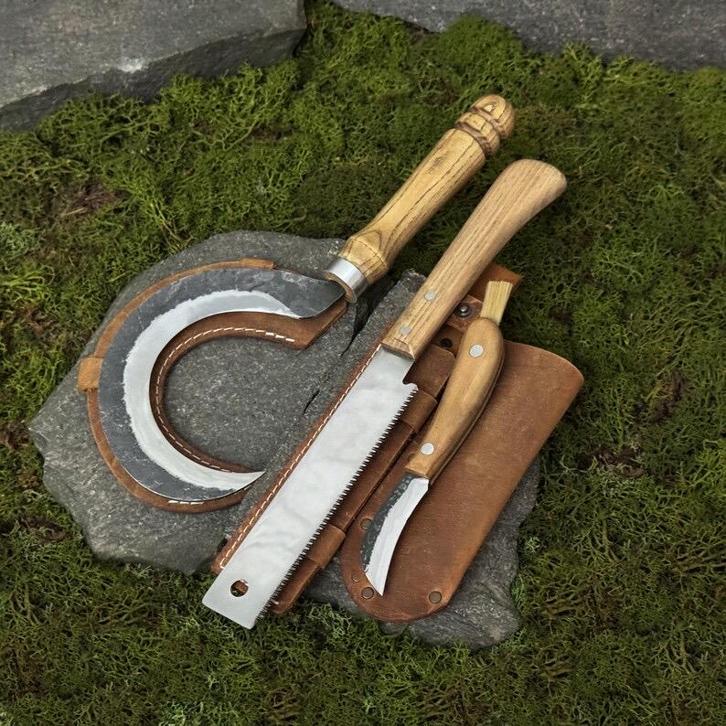 Hand Forged Garden Tool Set, Carbon Steel 52100, Ash Handle, Leather Sheaths