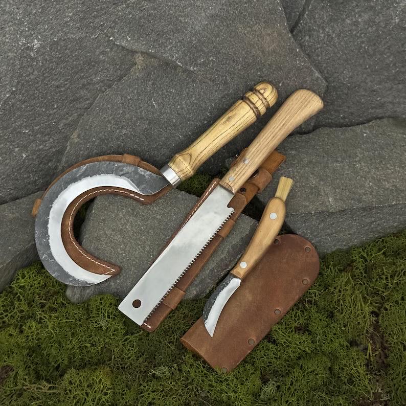 Hand Forged Garden Tool Set, Carbon Steel 52100, Ash Handle, Leather Sheaths