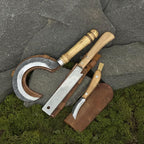 Hand Forged Garden Tool Set, Carbon Steel 52100, Ash Handle, Leather Sheaths