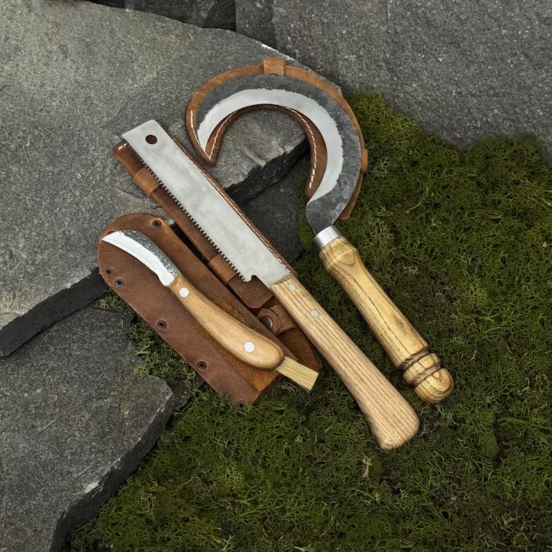 Hand Forged Garden Tool Set, Carbon Steel 52100, Ash Handle, Leather Sheaths