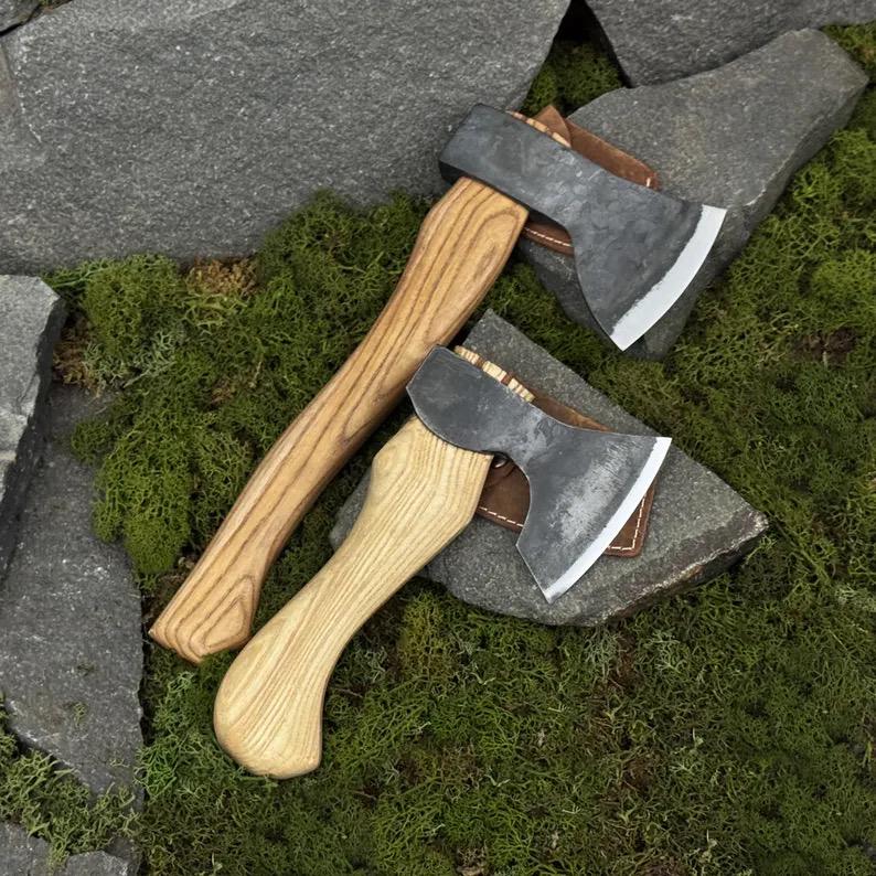 Hand Forged Carving Axes, Carbon Steel 52100 Blades, Ash Handles, Leather Sheath