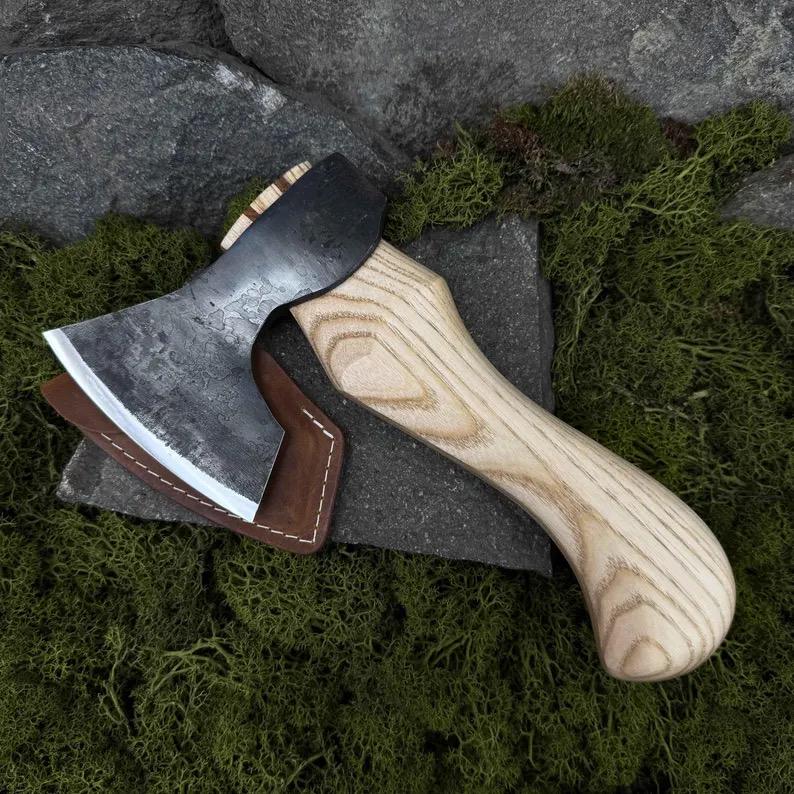 Hand Forged Carving Axes, Carbon Steel 52100 Blades, Ash Handles, Leather Sheath