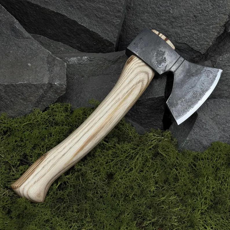 Hand Forged Carving Hatchet, Carbon Steel 52100 Blades, Ash Handles, Leather Sheaths