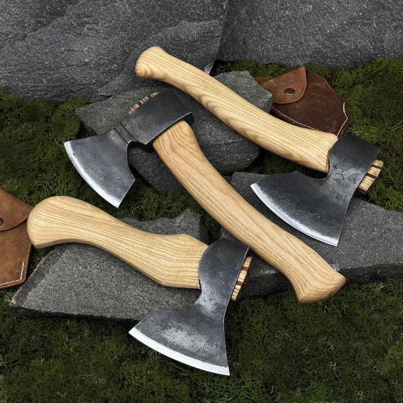 Hand Forged Carving Hatchet, Carbon Steel 52100 Blades, Ash Handles, Leather Sheaths