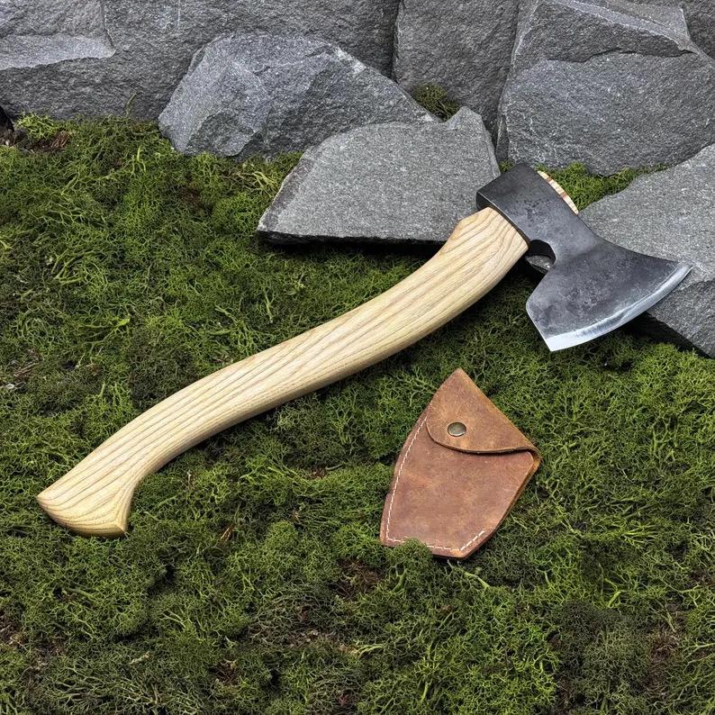 Hand-Forged Carving Axe with Leather Case. Axe for Camping, Bushcraft, Outdoor Wood Splitting and Woodworking. Carbon Steel 52100 Blade.