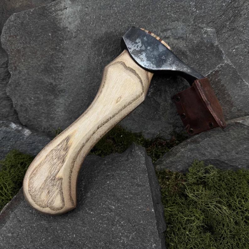 Hand Forged Carving Adze, 52100 Carbon Steel Blade, Ash Wood Handle, Leather Sheath
