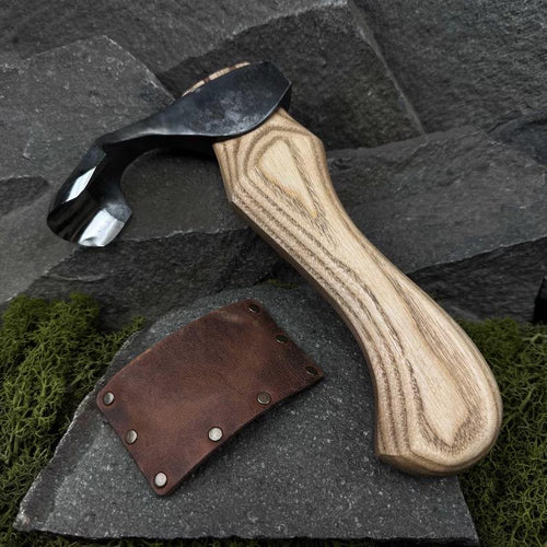 Hand Forged Carving Adze, 52100 Carbon Steel Blade, Ash Wood Handle, Leather Sheath