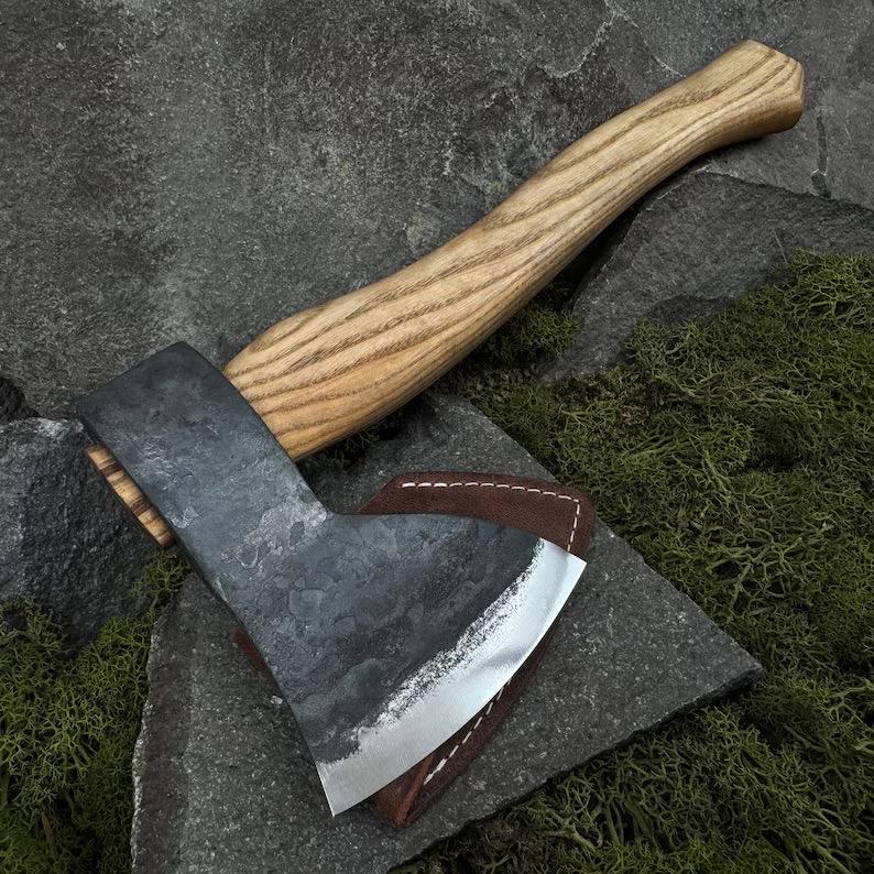 Carving Axe with Leather Case. Axe for Spoon and Bowl Carving. Bushcraft Hatchet. Outdoors Axe. Hand Forged Tool. Carbon Steel 52100.