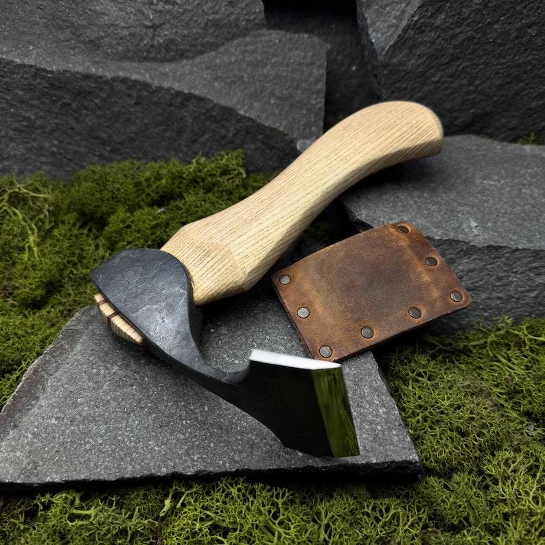Adze with Leather Case. Wood Carving Tool. Adze with Straight Blade. Universal Axe. Woodworking Adze. Hand Forged Tool. Carbon Steel 52100.