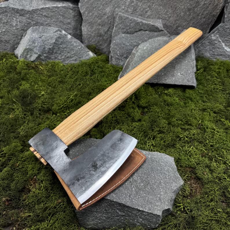 Hand-Forged Viking Axe with Leather Sheath. Ash Handle. Carbon Steel Blade. Outdoor Tool for Camping, Survival Tasks, Firewood Splitting.