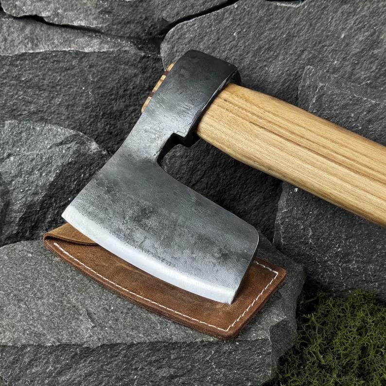 Hand-Forged Viking Axe with Leather Sheath. Ash Handle. Carbon Steel Blade. Outdoor Tool for Camping, Survival Tasks, Firewood Splitting.